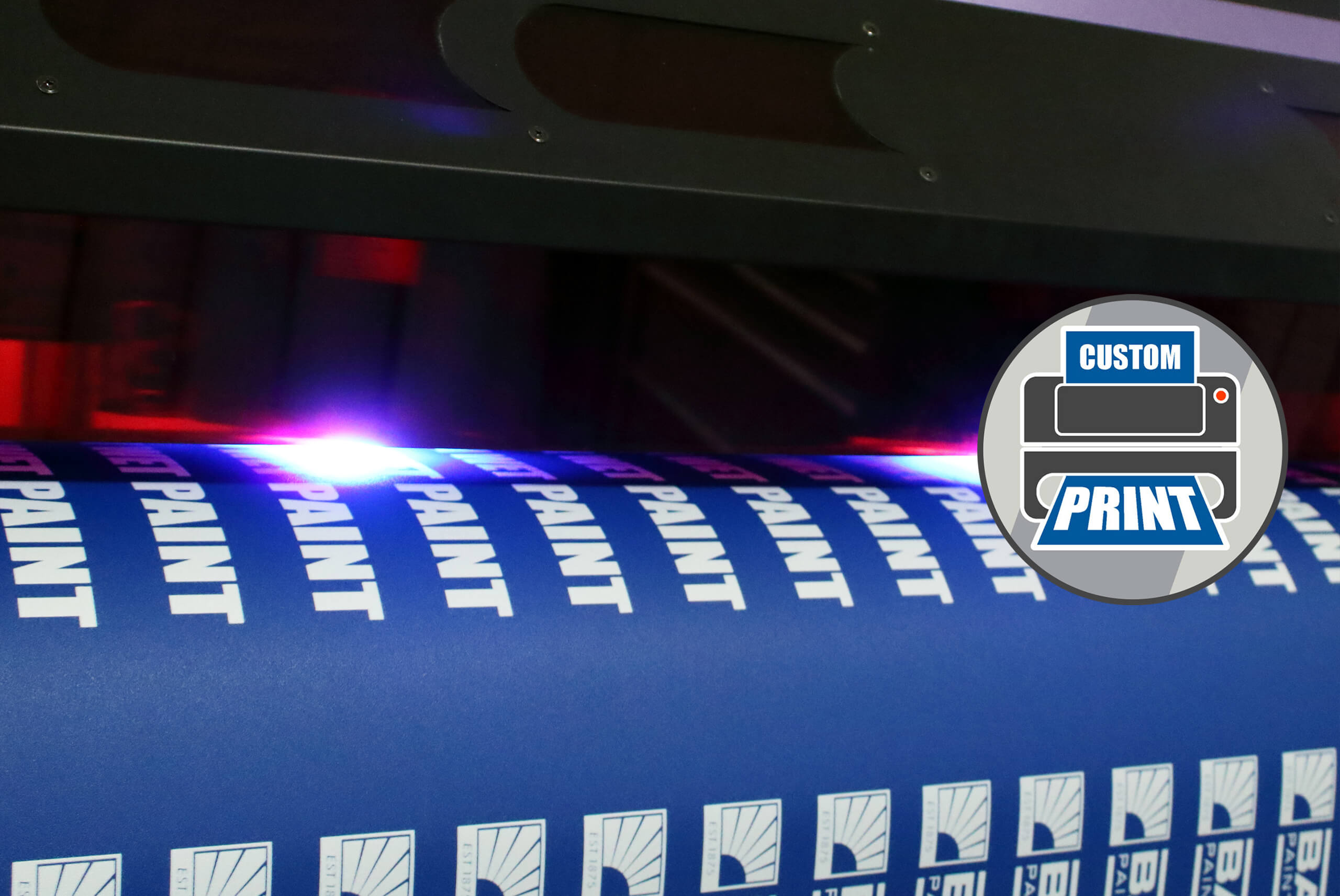 Wet Paint Blue Printed Tape Being Printed on Printer with Graphic