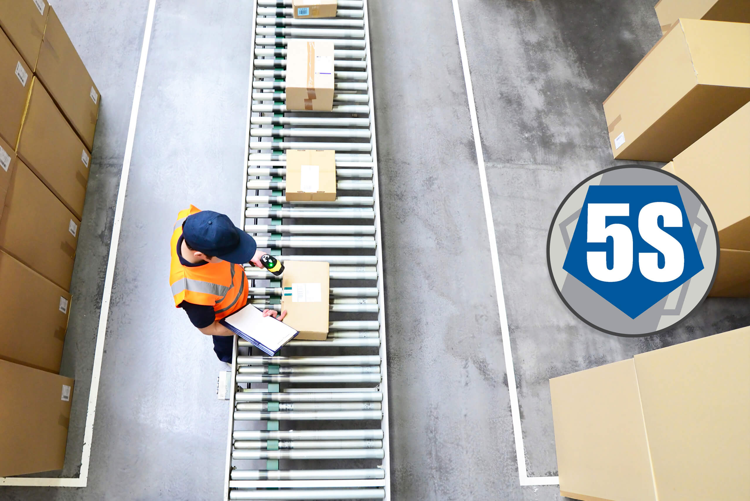 5S Optimisation Line Marking Aisle in Warehouse – Tape in Industrial Warehouse with Graphic 5S Optimisation Line Marking Aisle in Warehouse - Tape in Industrial Warehouse with Graphic