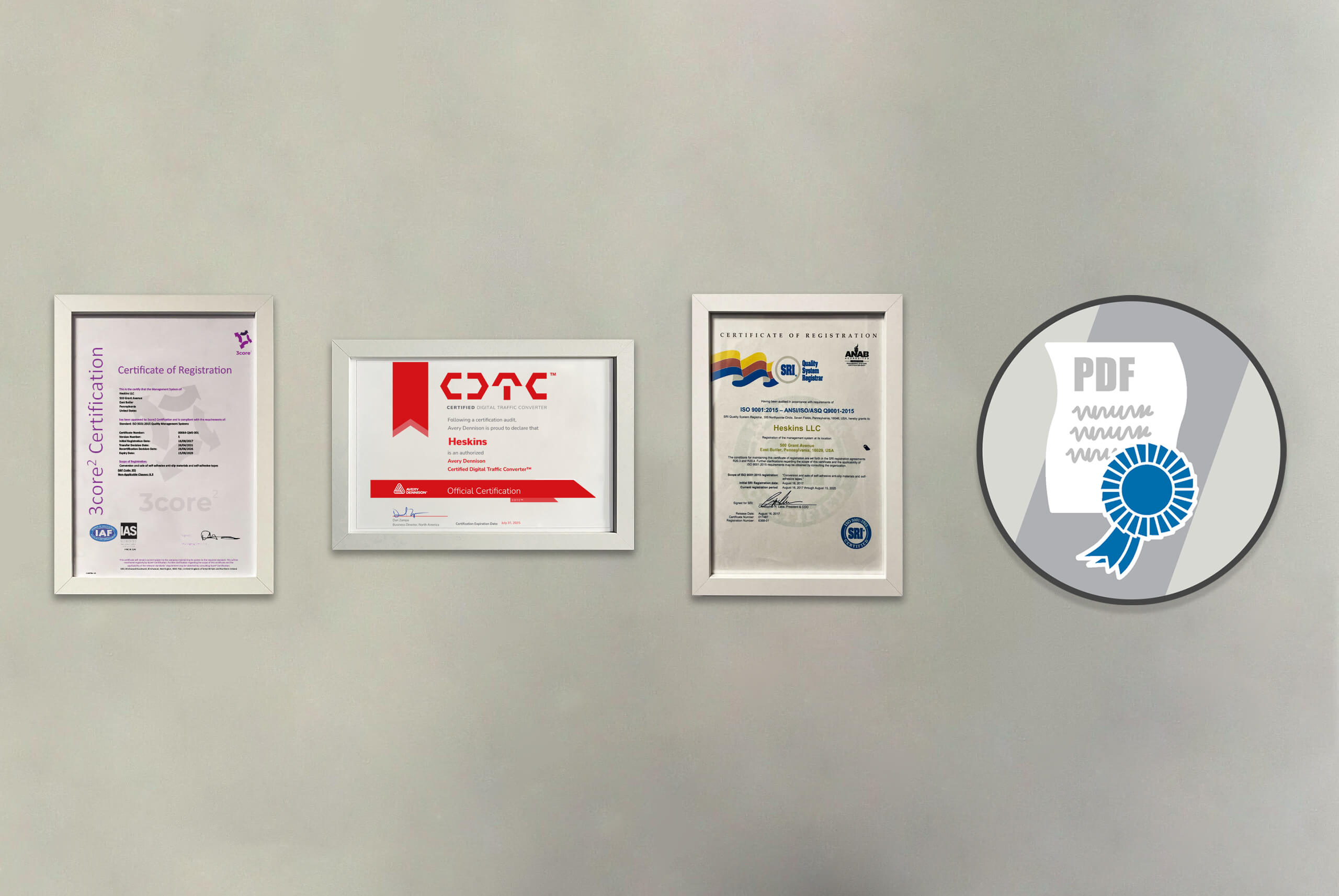 Heskins Company Certificates on Wall as Accredited with Graphic US 2026 Web